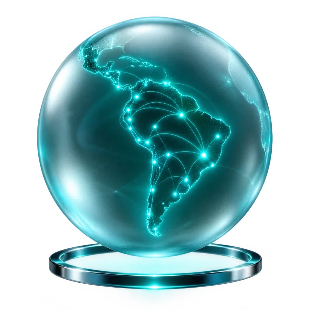 Globo de vidro com a América Latina iluminada em teal, render 3D