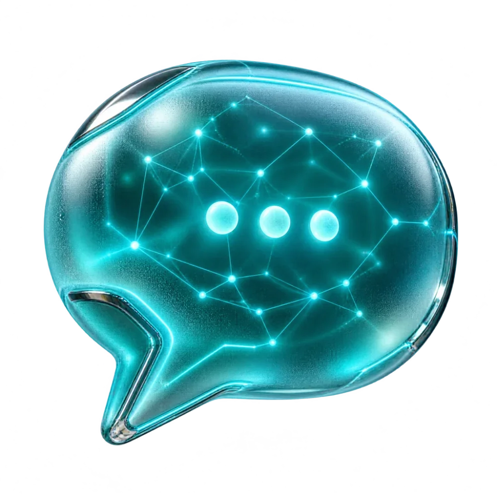 Balão de conversa em vidro com rede neural luminosa, render 3D