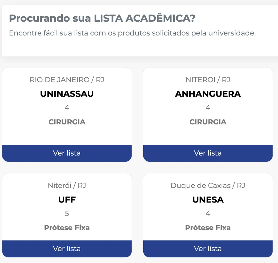 Página de listas acadêmicas de uma loja Sou Odonto, com a busca por universidade e as listas disponíveis