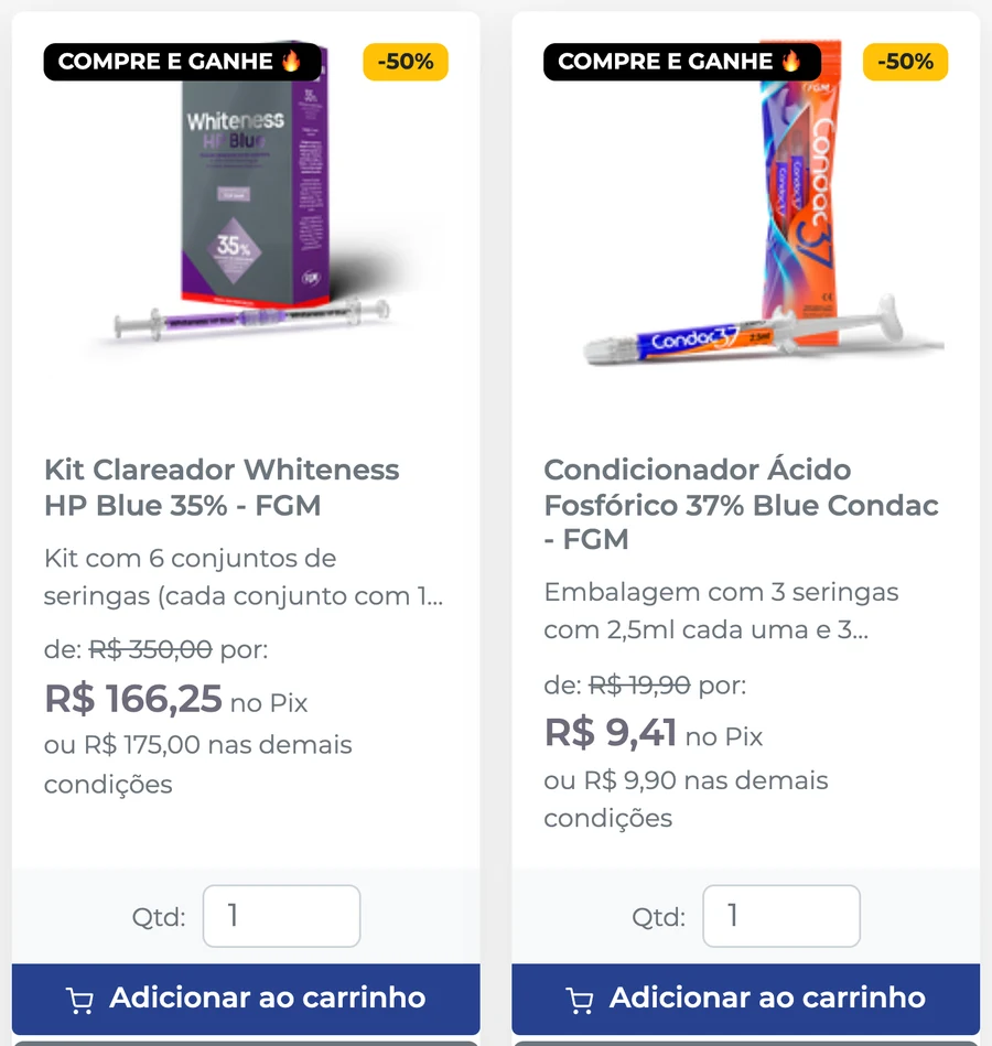 Vitrine de ofertas de uma loja Sou Odonto, com preço no Pix, preço de lista e desconto